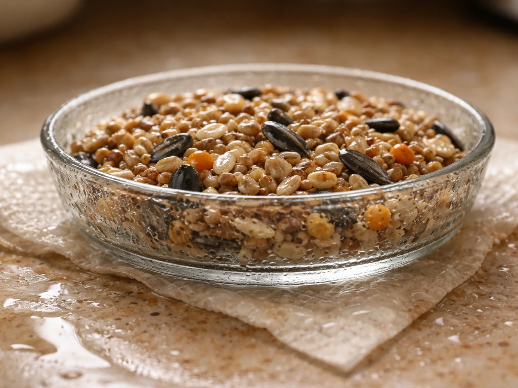 Close-up of damp birdseed with three moisture sources implied by condensation, warmth, and wet surroundings