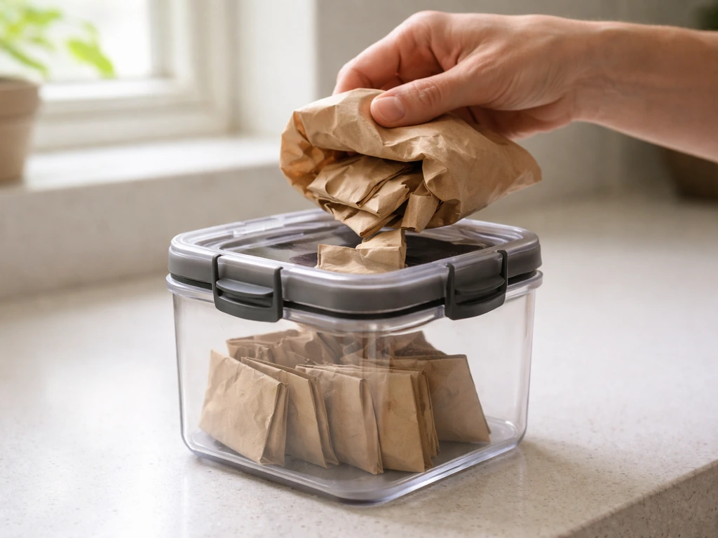 Seed being moved from a crumpled paper bag into a hard-sided gasket-sealed locking container