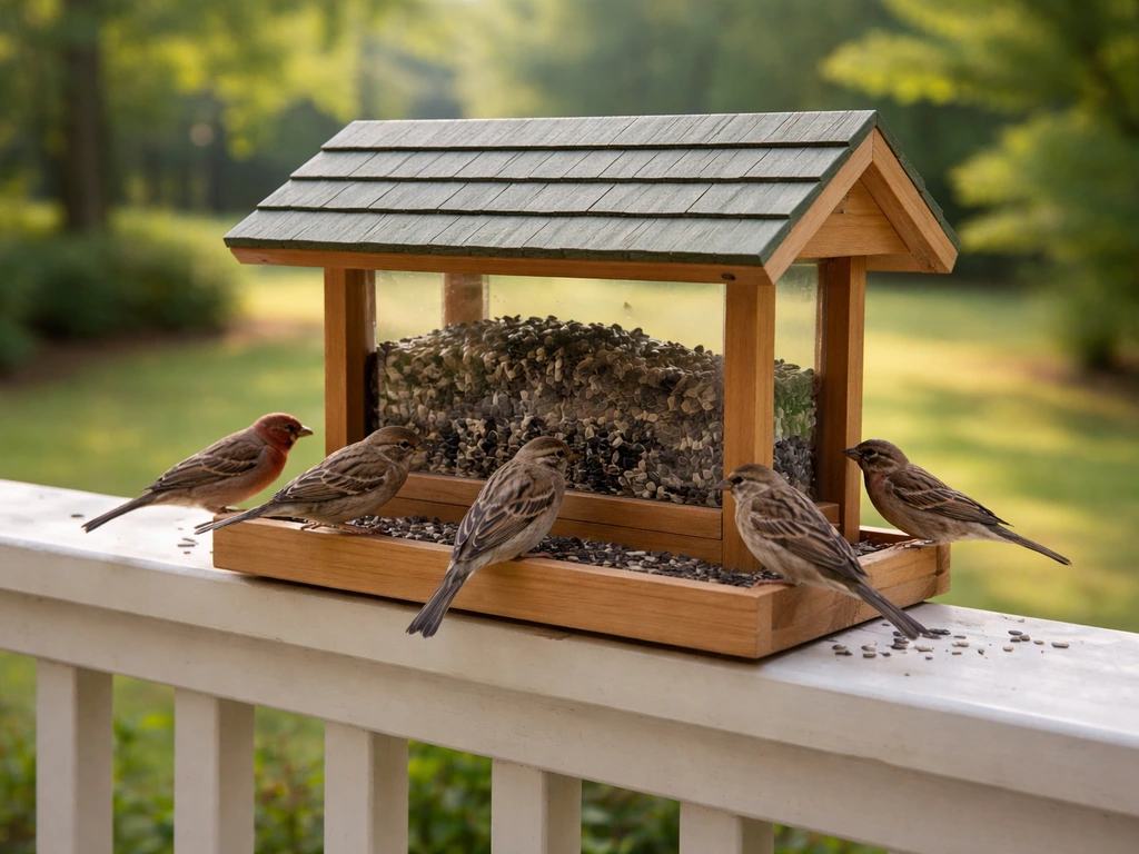 Bird feeder packed with black-oil sunflower seed while small birds feed in a backyard