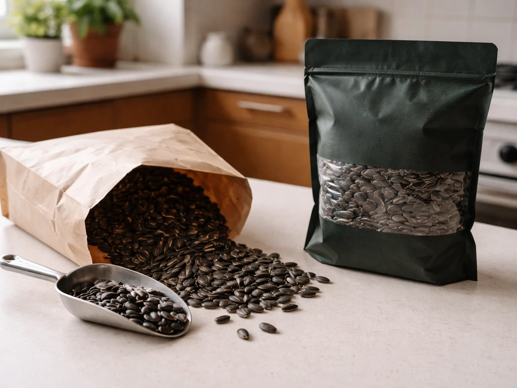 Bulk black-oil sunflower seeds next to a small bag labeled as bird feed, on a kitchen counter.