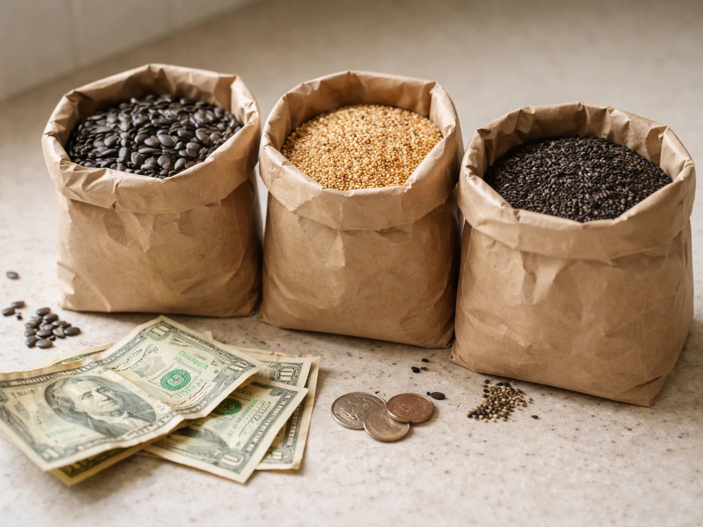 Cash near three separate bags of black-oil sunflower, millet, and nyjer/thistle seeds on a countertop.