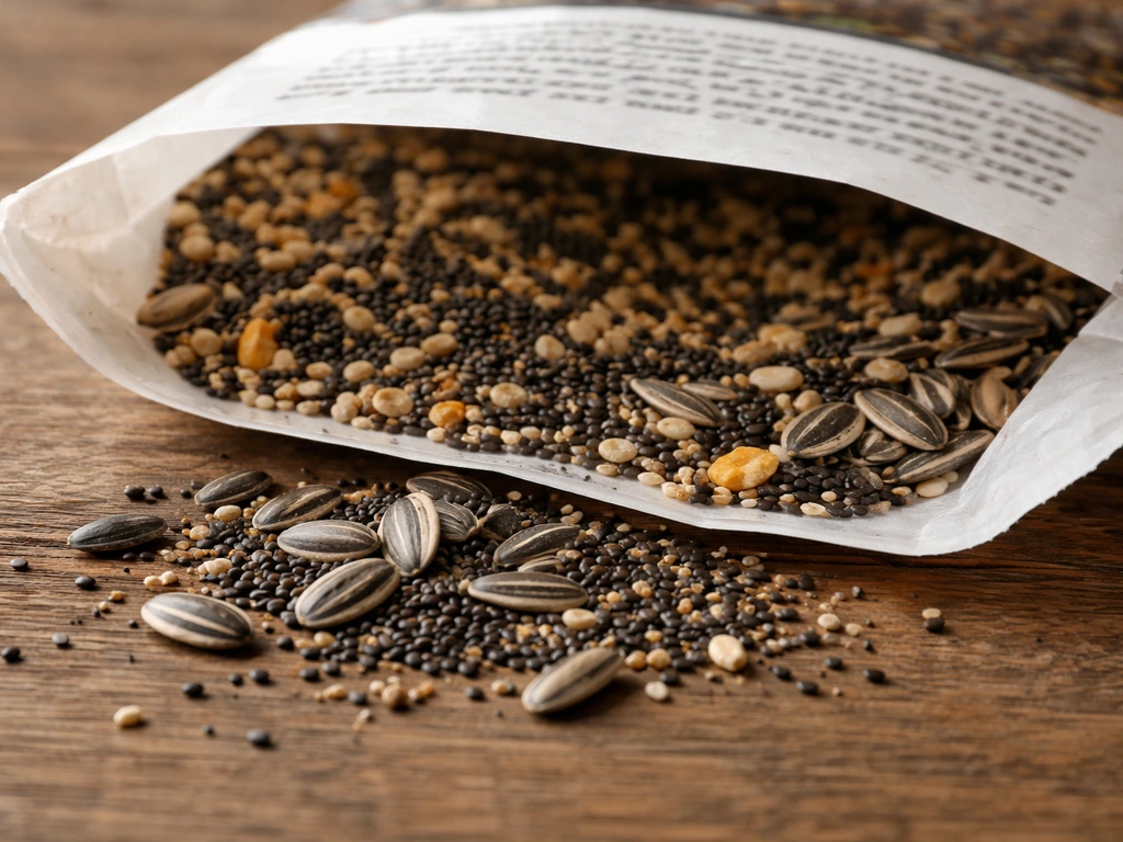 Close-up of bird seed bag with sunflower and nyjer seeds near the top, minimal background.