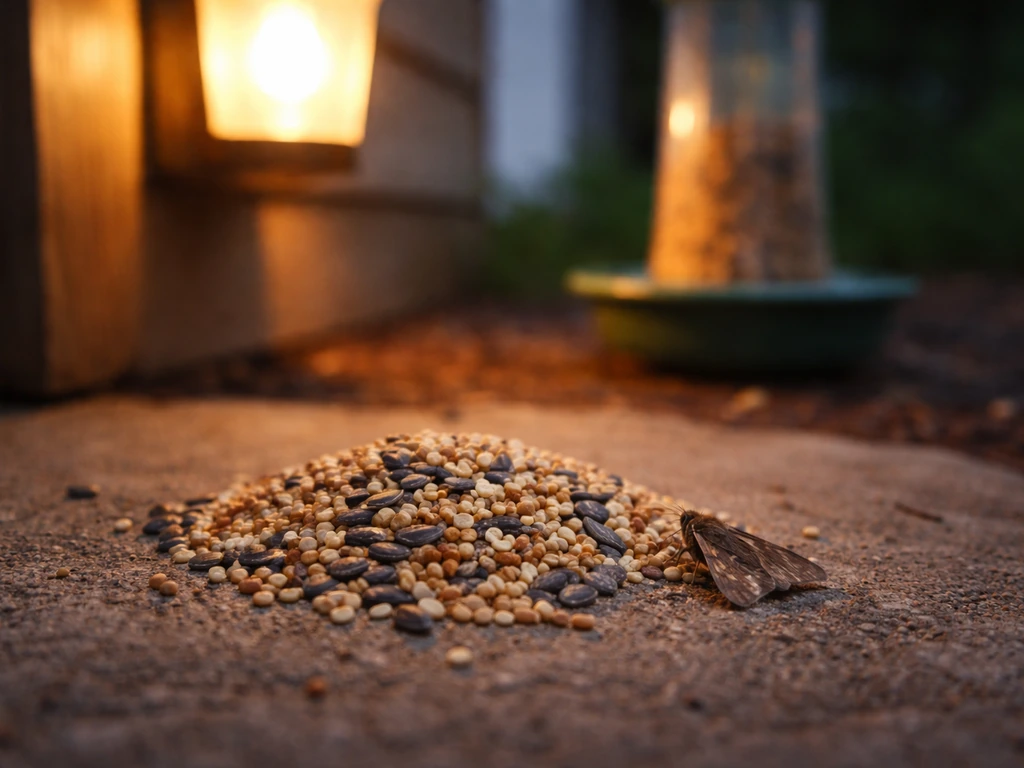 Close-up of bird seed with a visible moth near an outdoor porch light and bird feeder.
