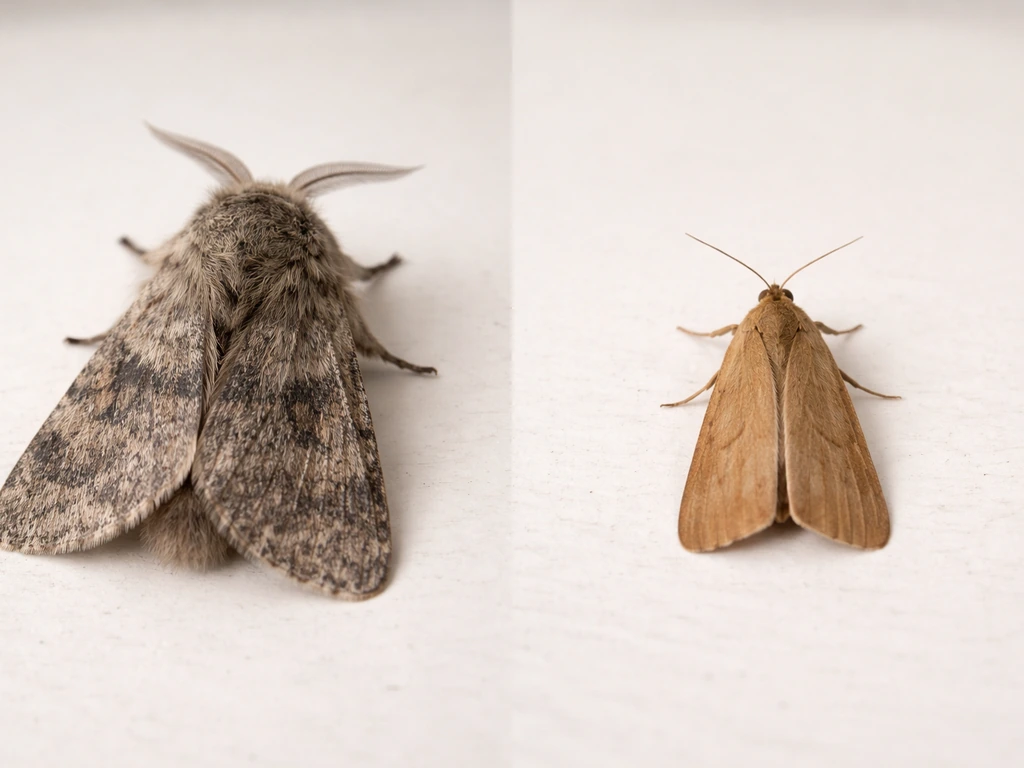 Side-by-side close-up of two moths: a larger fuzzy outdoor moth and a smaller indoor storage moth.