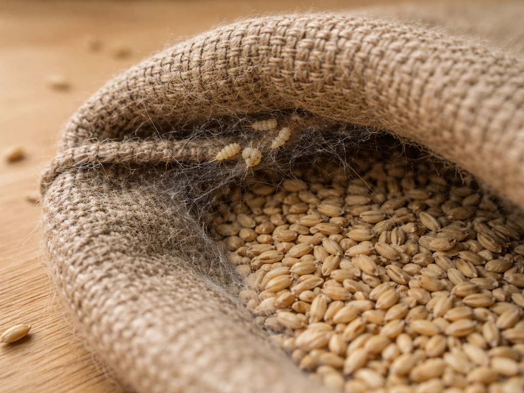 Close-up of a seed bag seam with fine silk webbing and tiny cream larvae on scattered grain