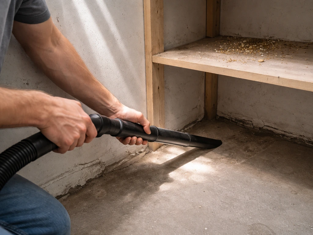 Hands vacuuming storage room corners with a crevice tool around shelving edges.