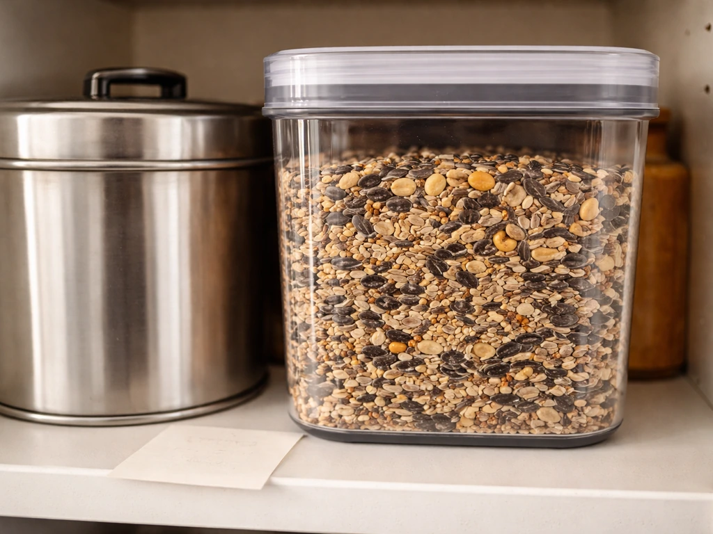 Bird seed in a rigid airtight container and a lidded metal bin on a pantry shelf.