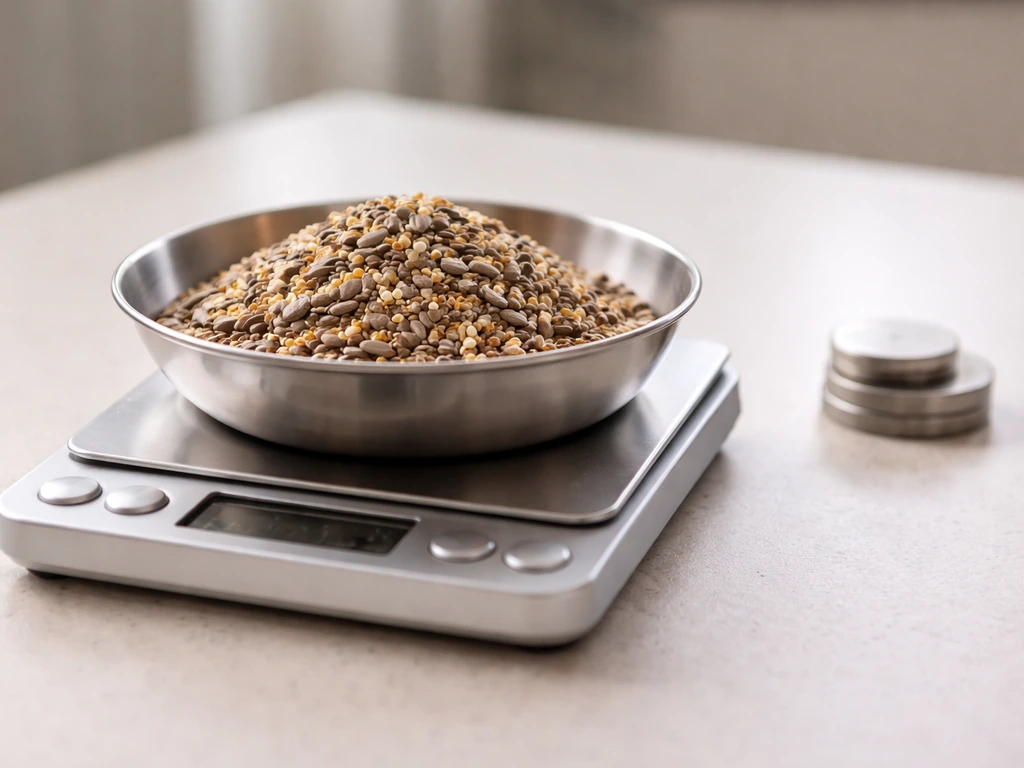 Close-up of a kitchen scale and bowl of bird seed symbolizing 7/8 lb in ounces and grams.