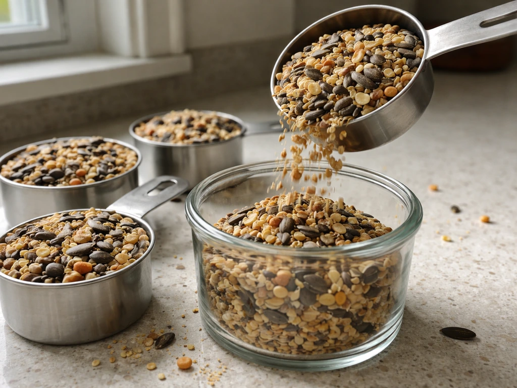 Dry wild bird seed being measured with nested cups over a container, seed visible in each cup.