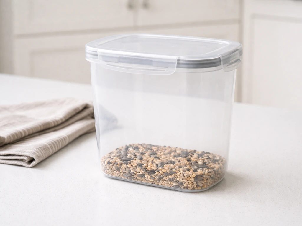 Sealed bird seed container with lid closed on a clean kitchen counter, organized and dry