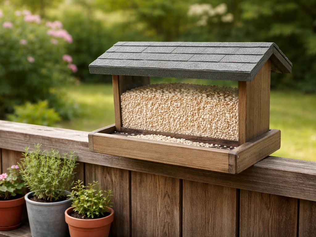 Backyard feeder with clean safflower seed blend, with no birds in view, minimal natural light.