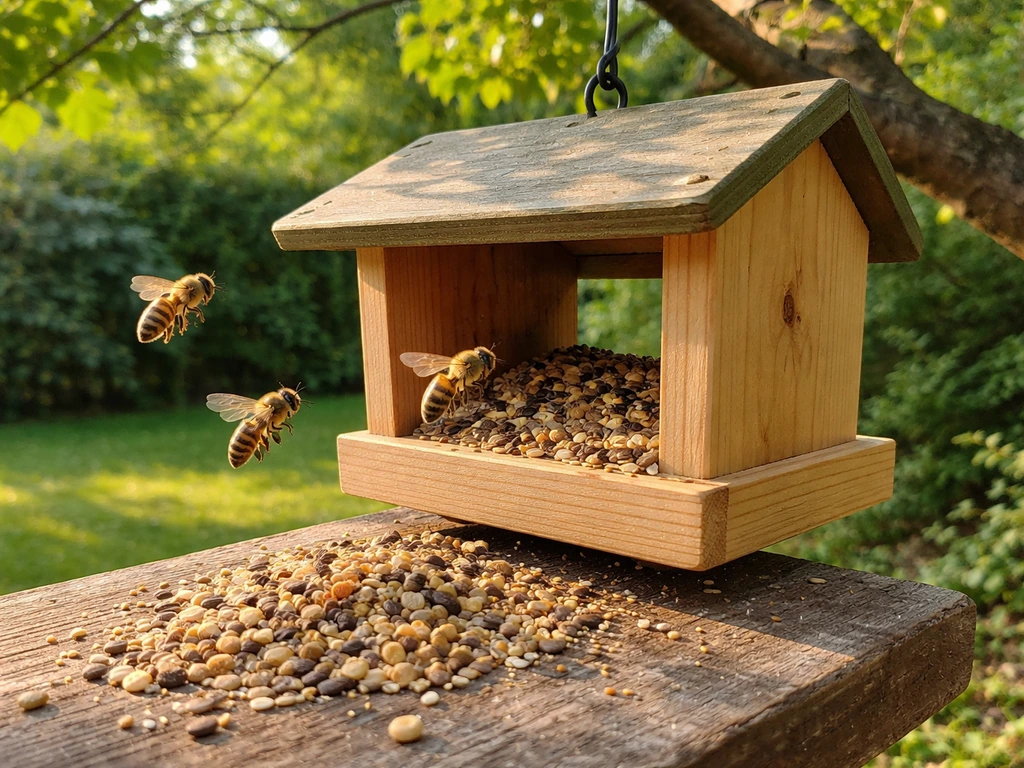 Backyard bird feeder with spilled bird seed and a few bees hovering nearby