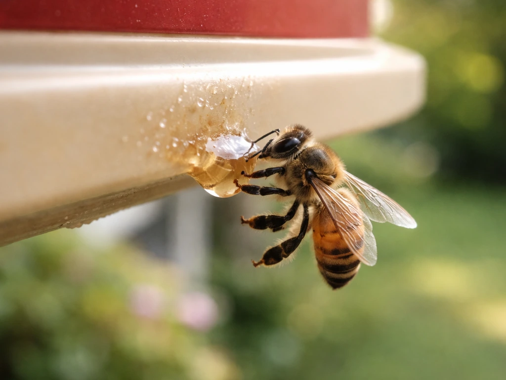 A honeybee perched on a bird feeder drinking sugary nectar residue near a drip edge.
