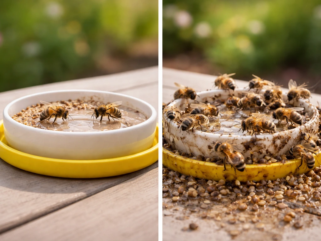 Two honey bees investigating a clean dry feeder, with a contrasting side showing damp dirty seed and more bees.