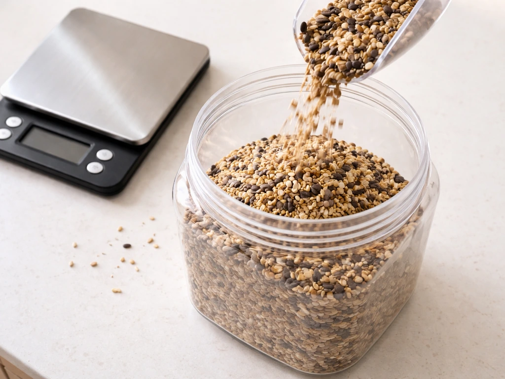 Top-down photo of a clear 1-gallon container filling with bird seed beside an off digital scale.