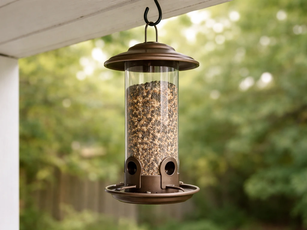 Covered bird feeder hanging under an overhang, filled with mixed seeds including chia.
