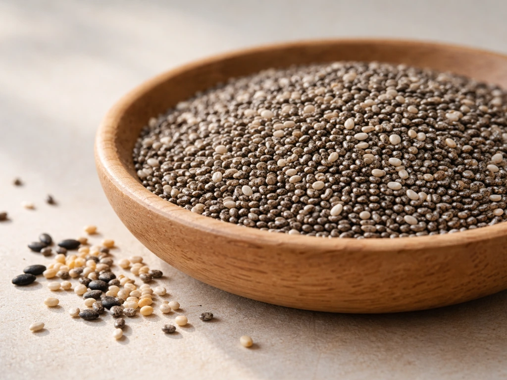 Close-up of dry chia seeds mixed with small bird seed grains in a wooden bowl.