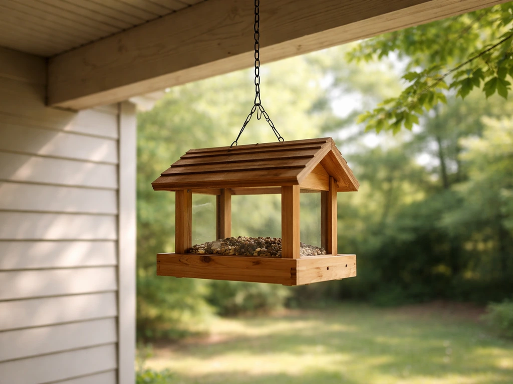 Bird feeder hanging under a shaded overhang in breezy outdoor spot, away from sprinklers