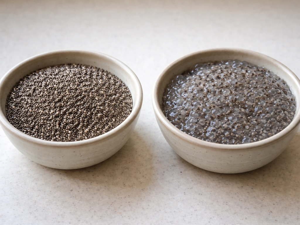 Left: dry chia seeds; right: chia clumped into translucent sticky gel from moisture.