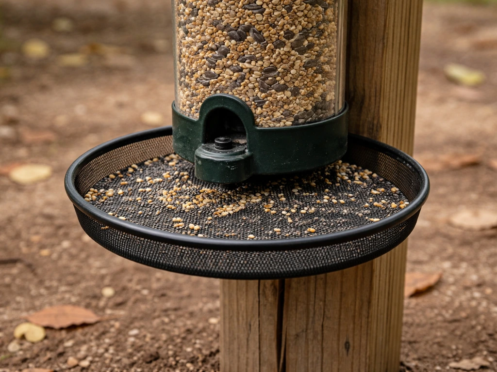 Bird feeder with a seed-catching tray underneath, showing fallen chia and seeds on the tray.