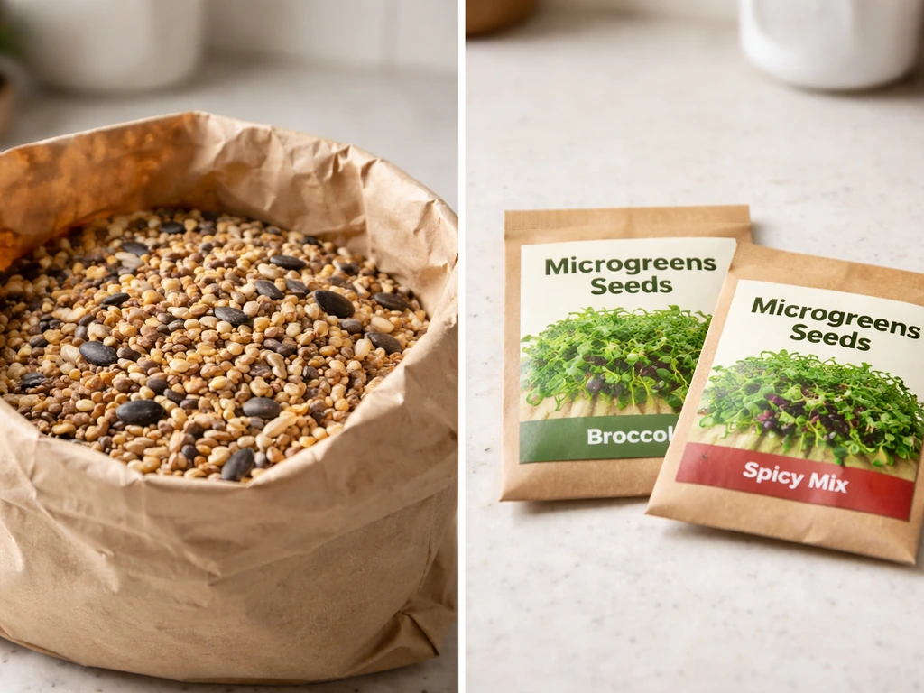 Split-screen photo showing bird seed mix grains beside labeled microgreens seed packets for food.