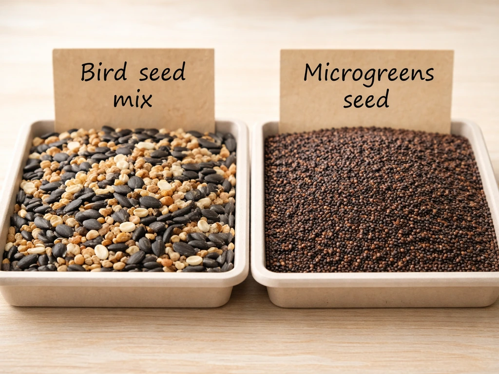 Close-up of wild bird seed mix kernels beside tiny microgreens seeds on two trays with labels.