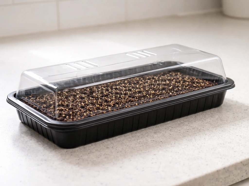 Sanitized microgreens growing tray with evenly spread seeds on soil, covered to sprout.