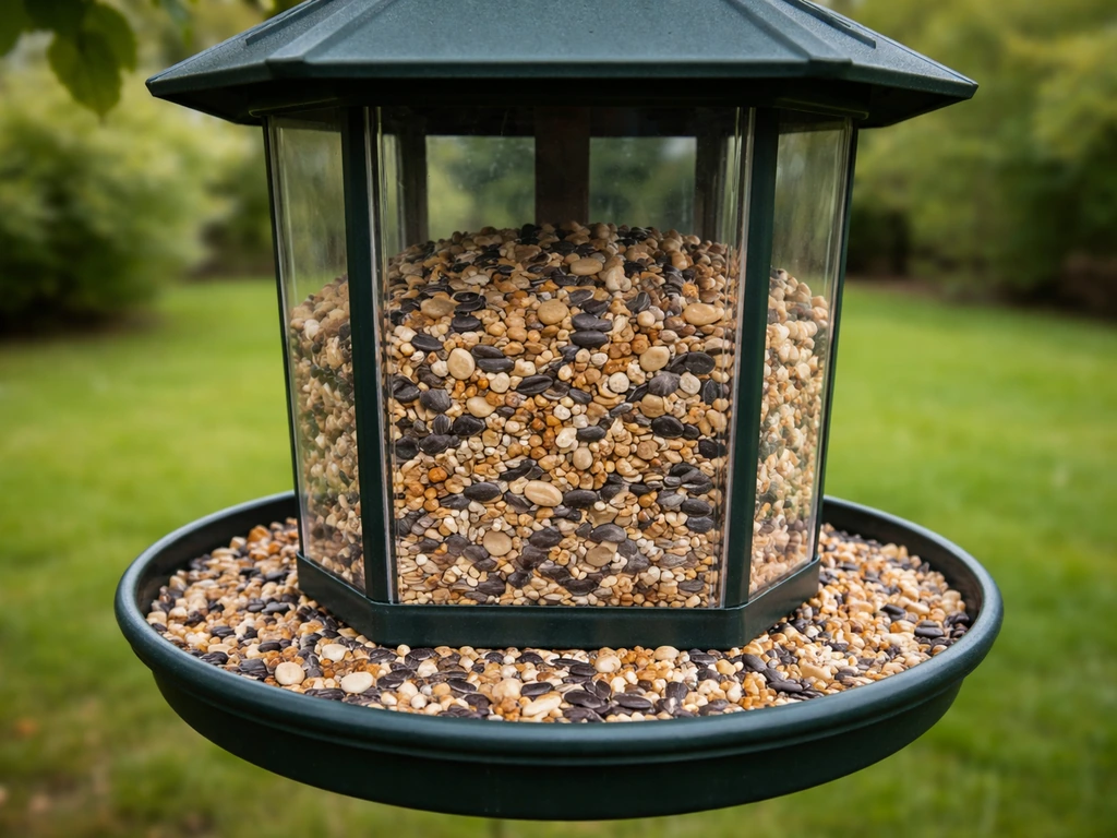 Fresh dry bird seed in a clean backyard feeder with a few shells and natural light.
