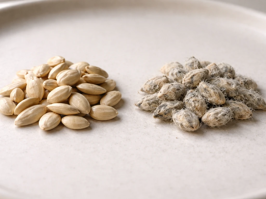 Side-by-side closeup of dry intact seed kernels vs clumped, dusty, fuzzy-coated kernels