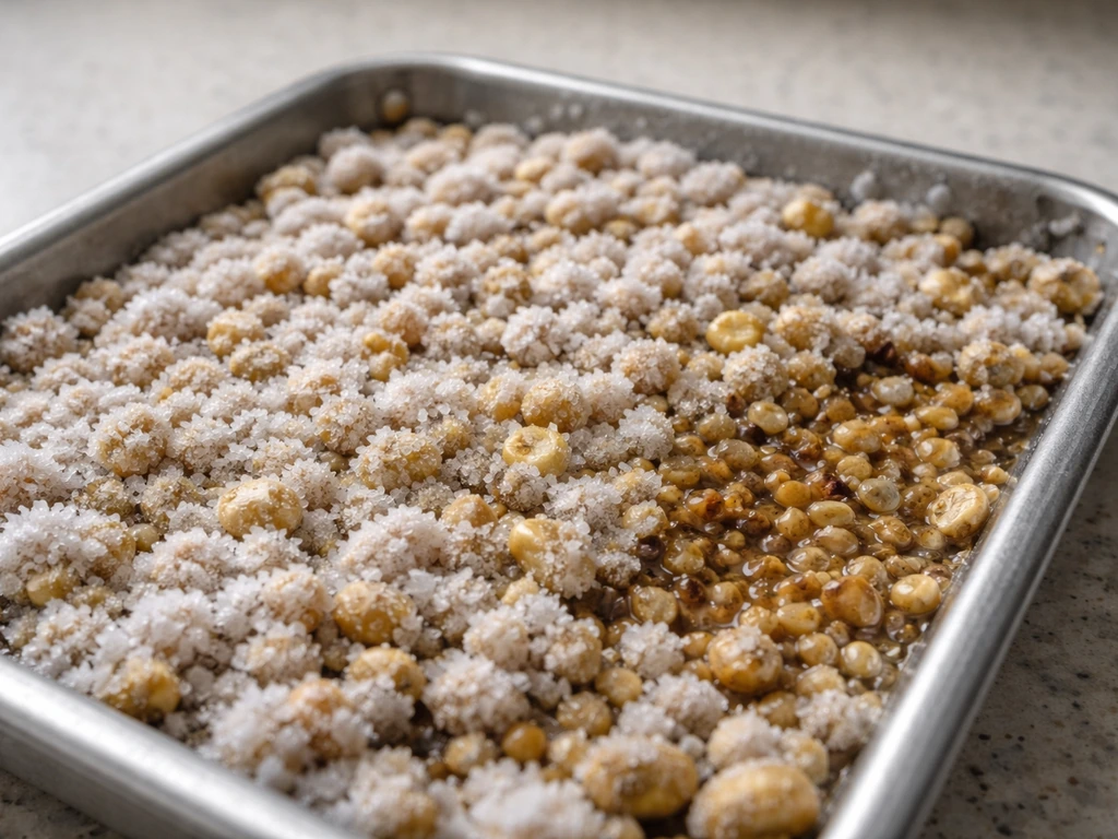 Closeup of frost-covered bird seed pellets in a tray with a small damp thawed area