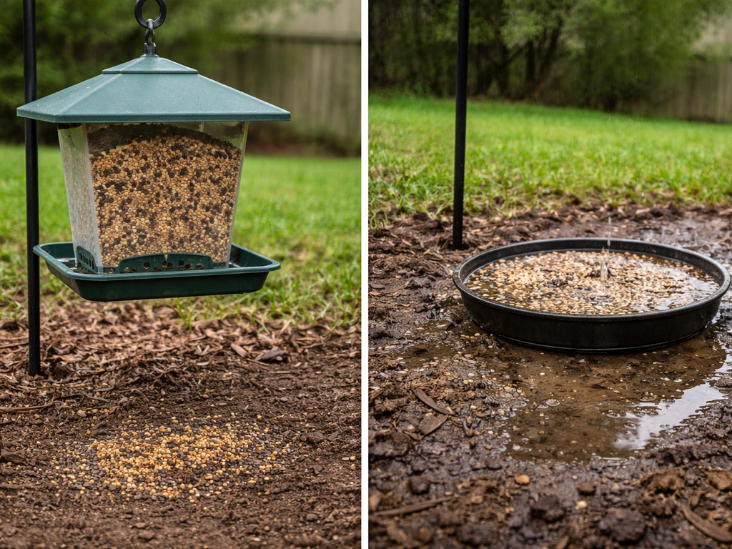 Two simple backyard feeder setups: one covered with drainage vs another that traps water and pools.