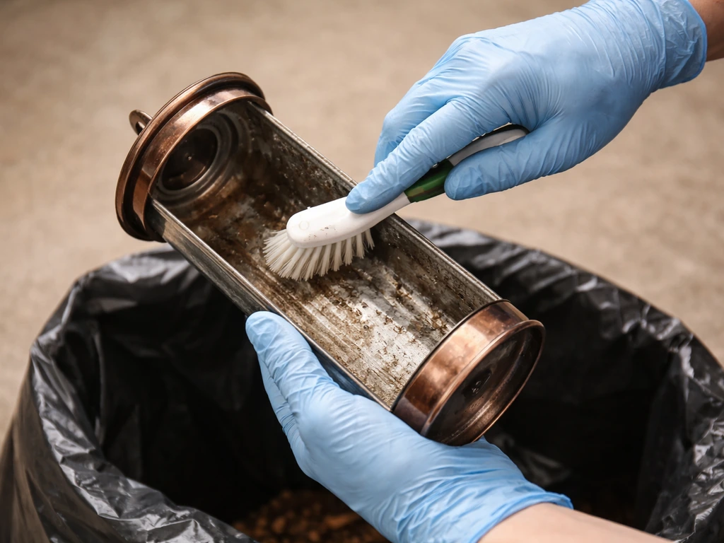 Gloved hands scrubbing the inside of a bird feeder with a brush over a trash bag