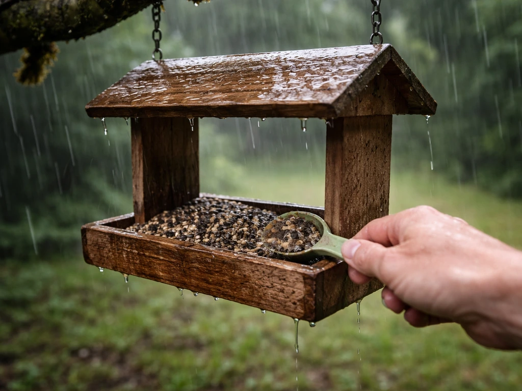 Hand checks a rain-soaked bird feeder and removes clumped damp seed.