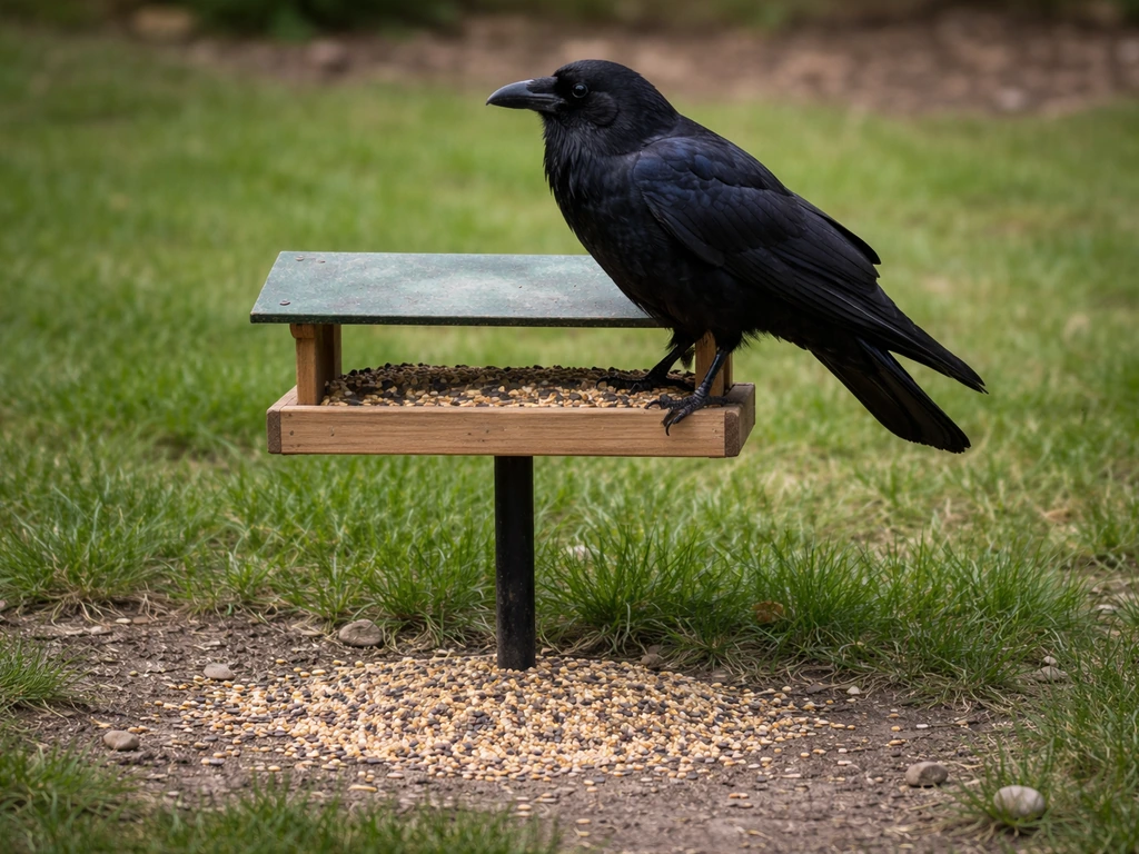 A raven perched on a backyard bird feeder with spilled bird seed on the ground.