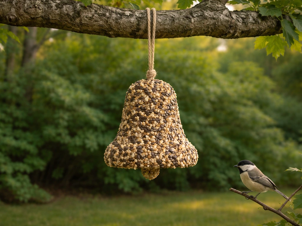 Bird seed bell feeder hanging from a tree branch near shrubs, with one small bird nearby in a clean backyard view.