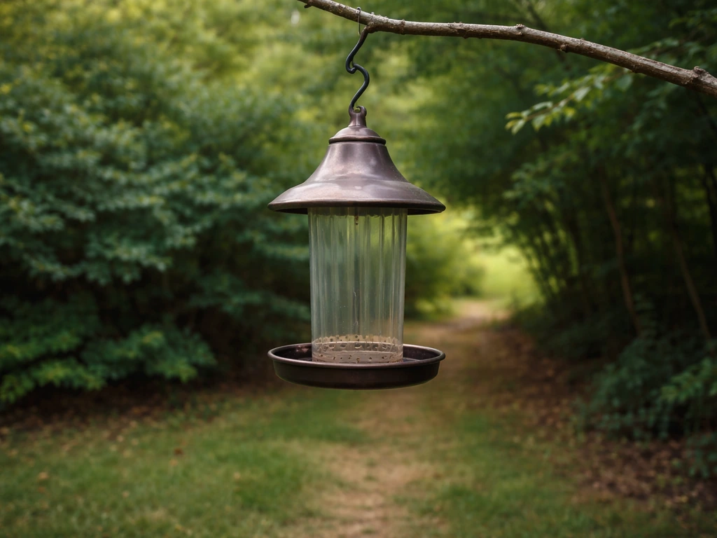 Bell bird feeder hanging near shrubs and a tree, with clear escape cover nearby.