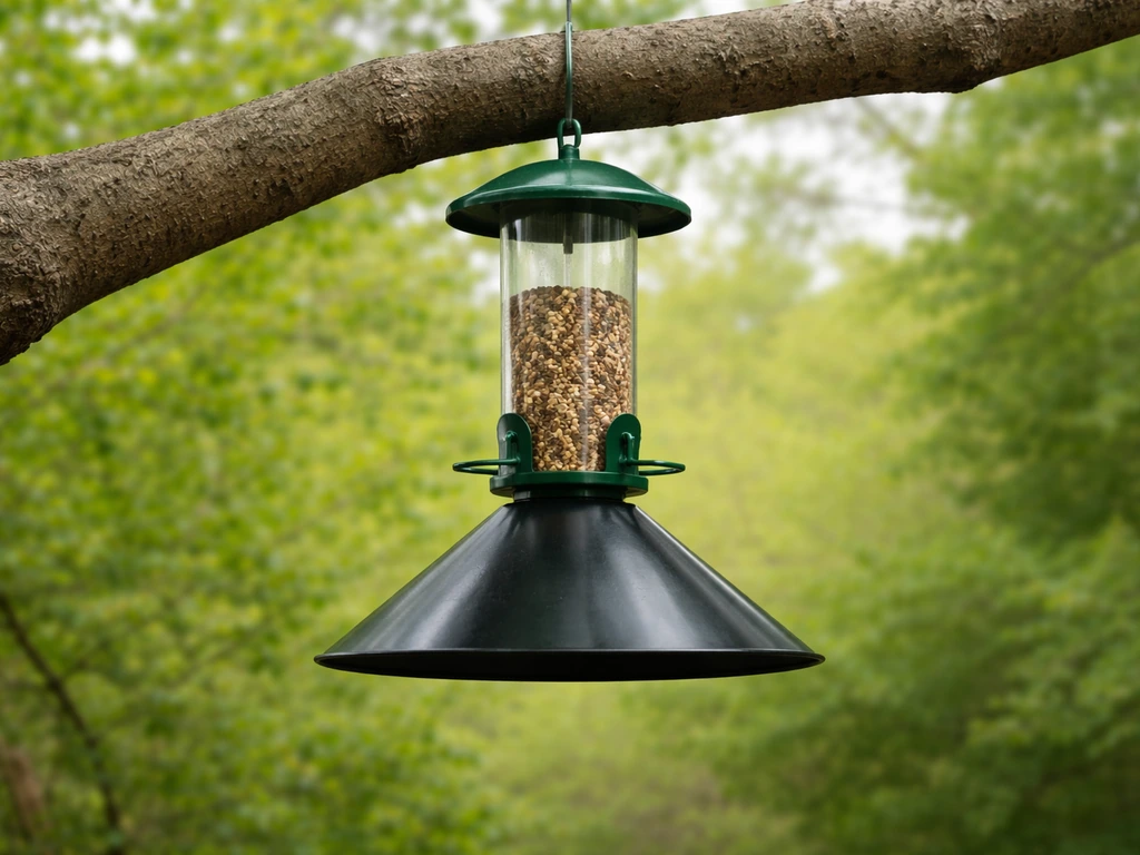 Squirrel-resistant bird feeder with a metal baffle mounted on a tree branch, blocking access.