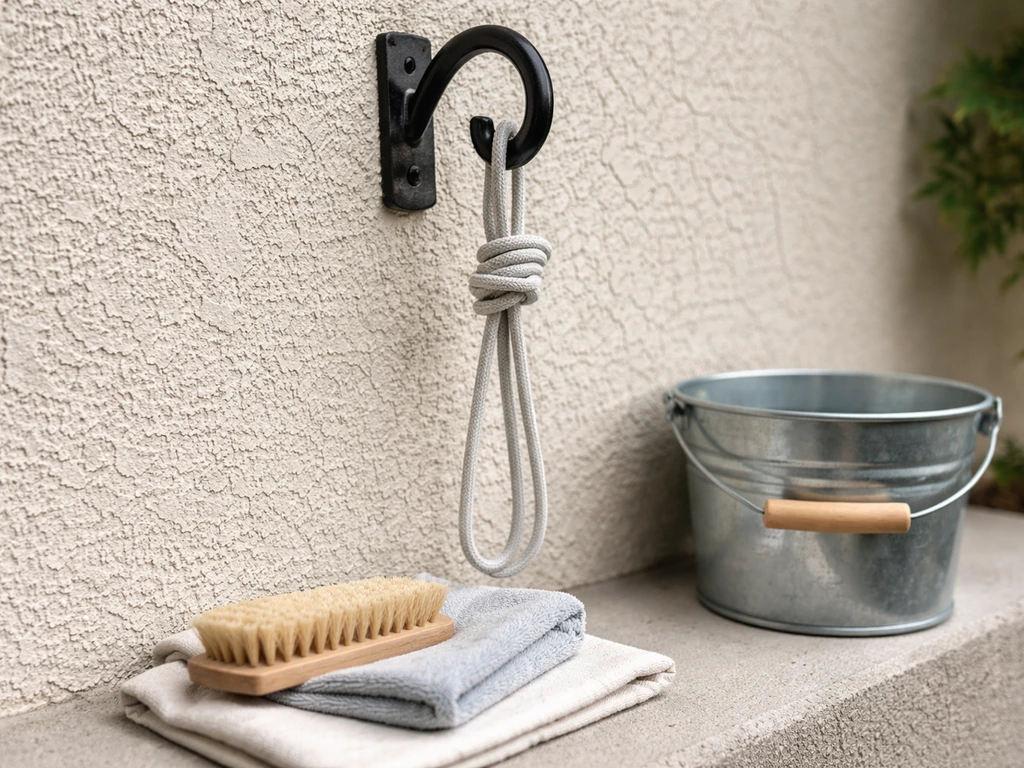 Close-up of a mounted heavy-gauge shepherd’s hook with cord tie and nearby cleaning tools.
