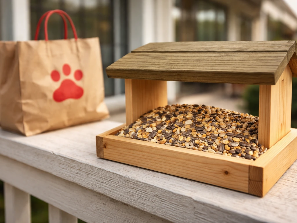 Wild bird seed in a bird feeder with a nearby shopping bag at a Petco-like store entrance
