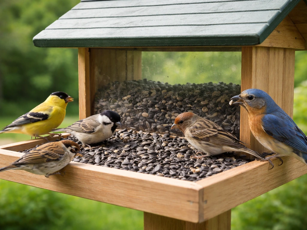 Multiple common backyard birds perched on a feeder eating black oil sunflower seeds