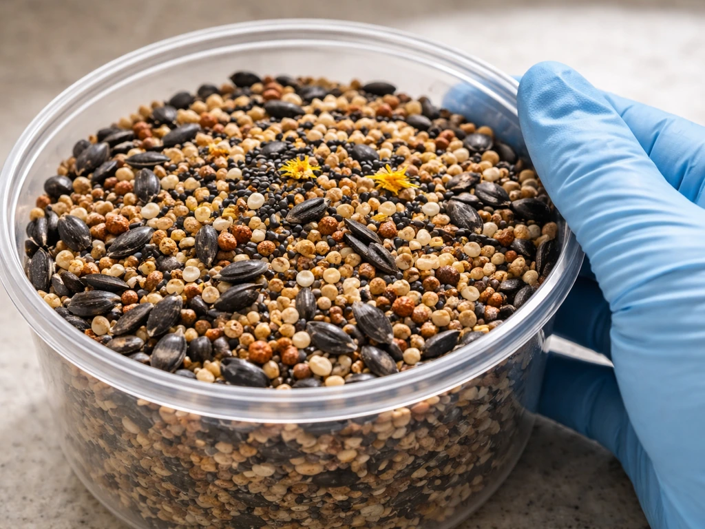 Close-up of mixed wild bird seed components in a clear container with a gloved hand cue for safe handling.