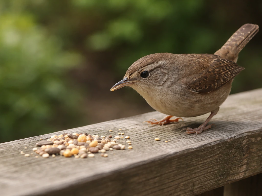 A small house wren perched at the edge of a bird feeder, occasionally nibbling scattered bird seed.