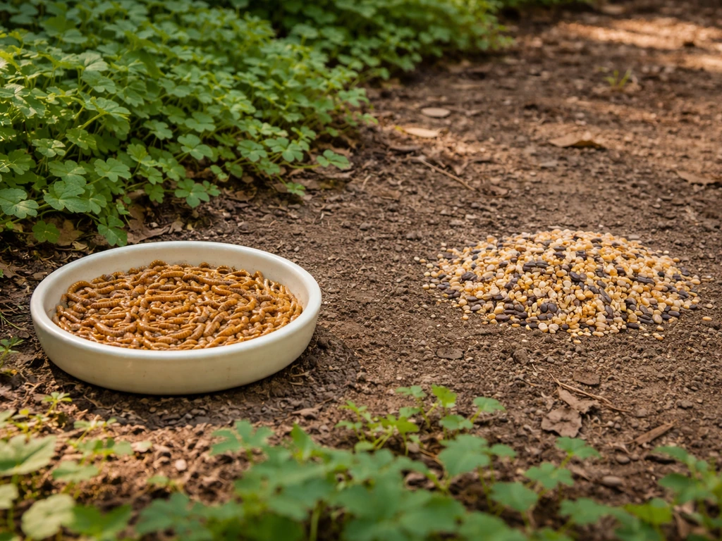 Two simple yard feeder setups showing mealworm dish as the preferred option for wrens versus seed-only scatter.