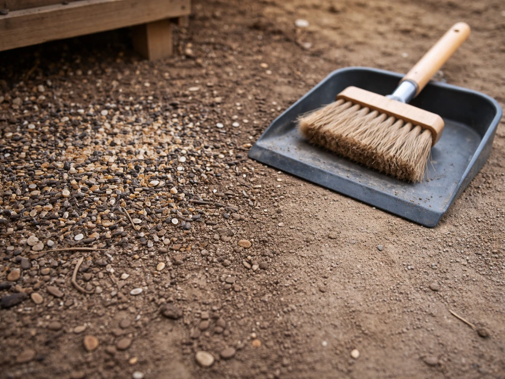 Swept area under a backyard bird feeder with scattered seed hulls and a small brush for cleanup