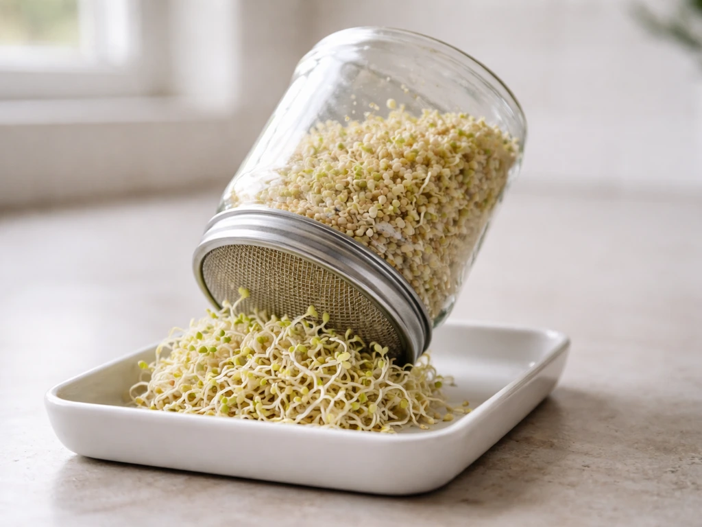 Close-up of fresh millet sprouts growing on a tray/jar setup with short sprout tails