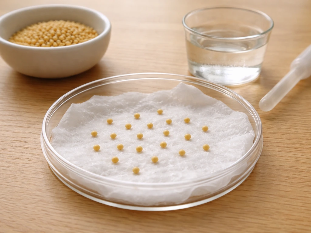 Millet seeds on a damp paper towel inside a small dish for a germination test