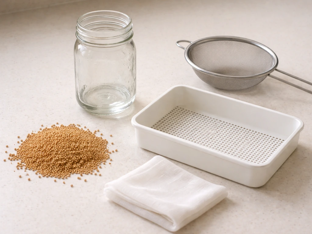 Flat-lay of raw millet seeds and sprouting tools: jar, tray, cheesecloth, and fine-mesh strainer