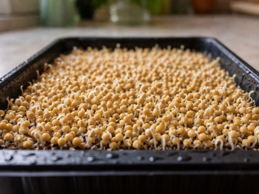 Millet sprouts in a simple tray with small white root tips emerging after 24–48 hours.