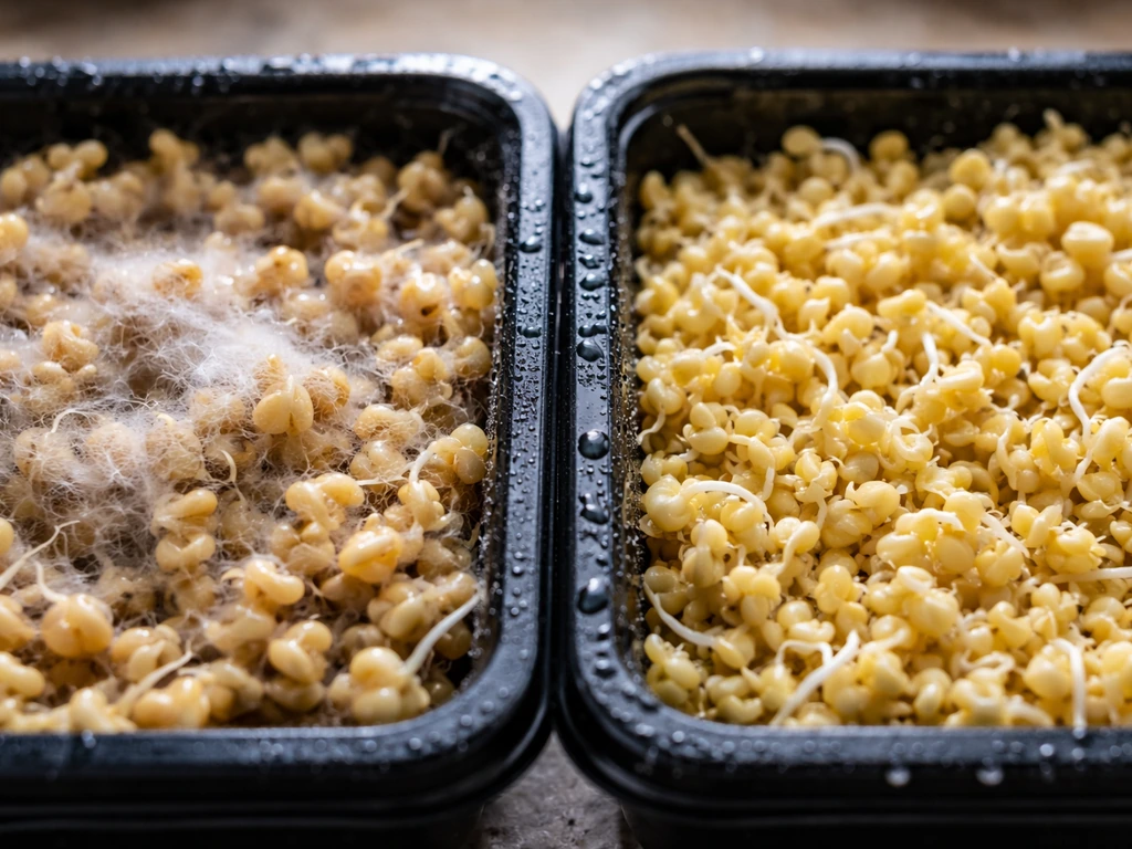 Close-up of moldy fuzzy white growth on millet sprouts beside a clean, healthy batch for contrast.