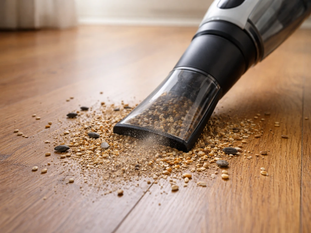 A handheld vacuum nozzle cleaning scattered bird seed and hull dust from a hardwood floor.